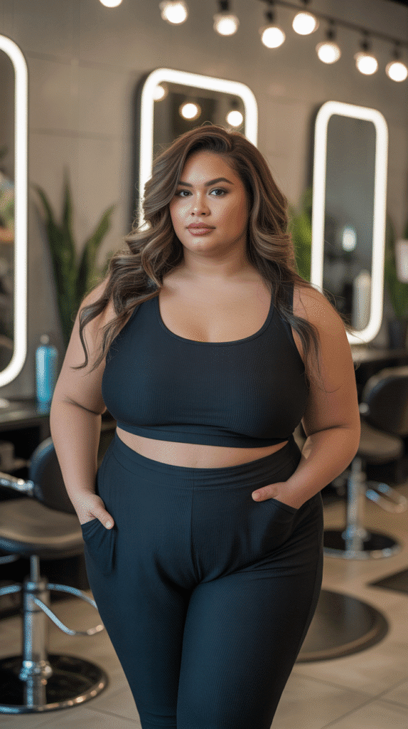 32 Flattering Plus-Size Hairstylist Outfits for Work 1 Classic All-Black Ensemble with Stretch Fabric
