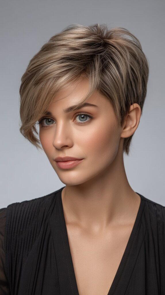 Top 30+ Expert Approved Hairstyles for Thin Hair and Round Faces 1 . Layered Pixie Cut with Side-Swept Bangs