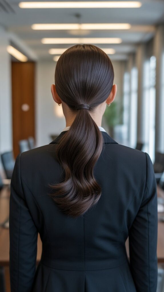 27 Professional Greasy Hair Hairstyles for Work 23 The Low Ponytail with Center Part