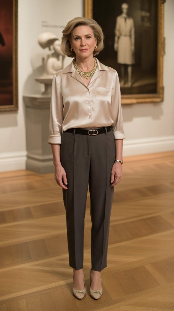 30 Fabulous Winter Outfits for Women Over 50 That Radiate Confidence 27 Silk Blouse with Statement Necklace