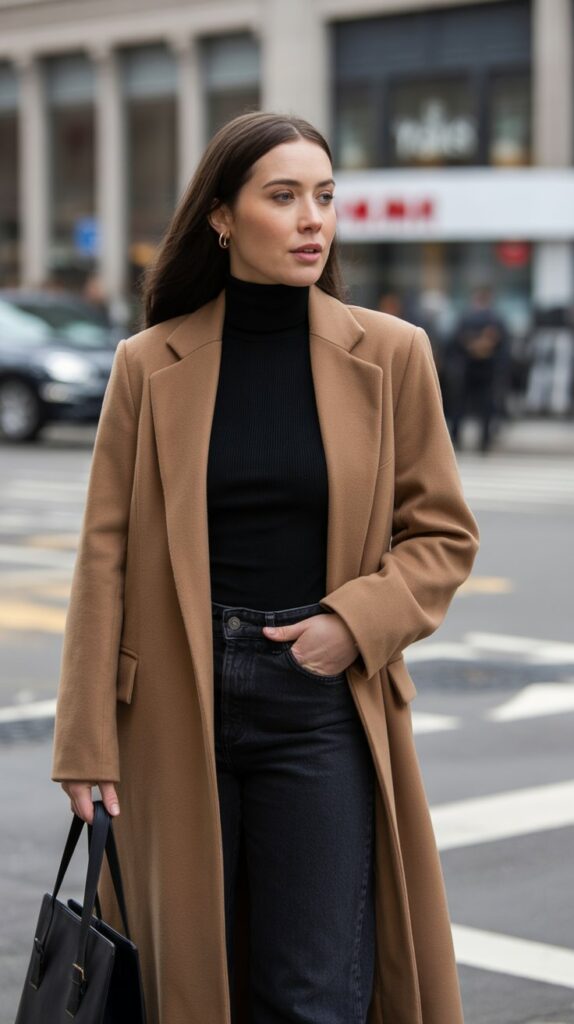 40 Winter Outfit Ideas for Women to Stay Warm and Stylish 1 Classic Wool Coat with Turtleneck and Jeans