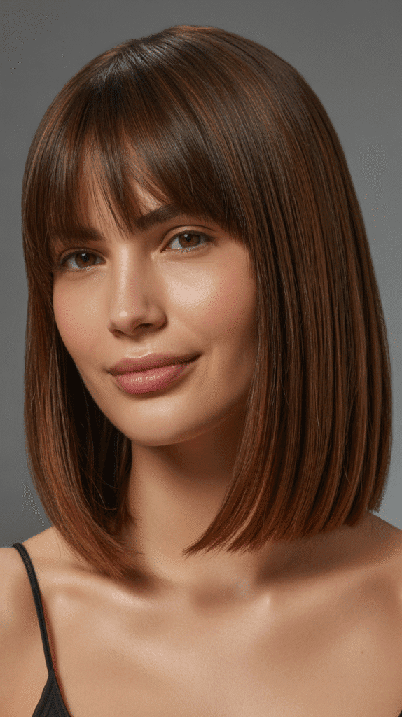 Classic Straight Long Bob with Wispy Curtain Bangs