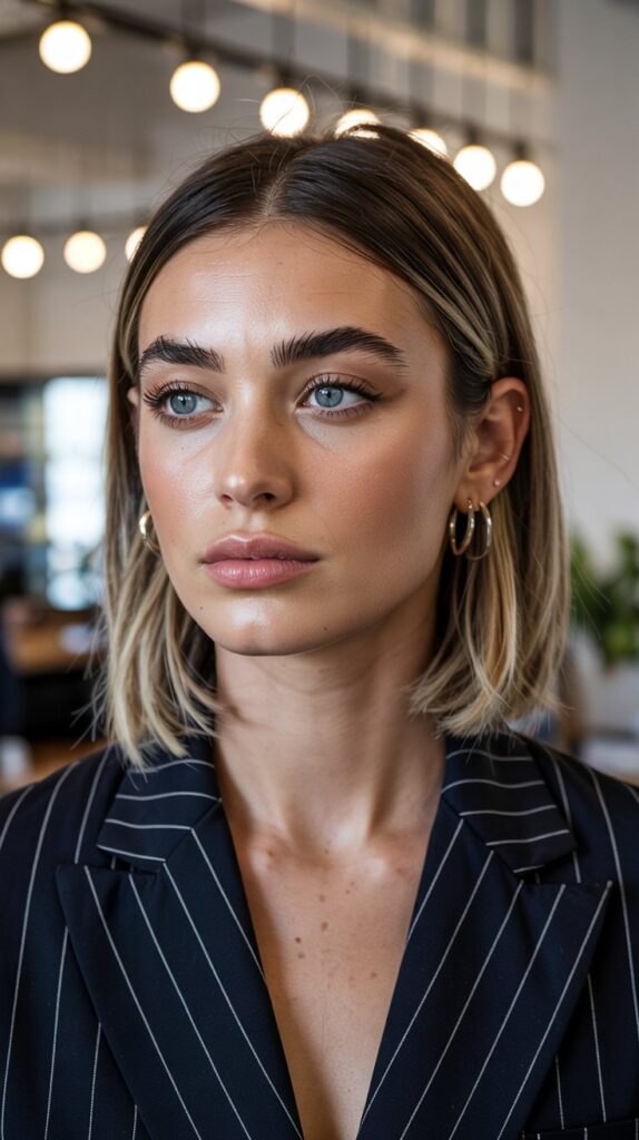 Long Bob with Curtain Bangs and Tucked Behind Ears