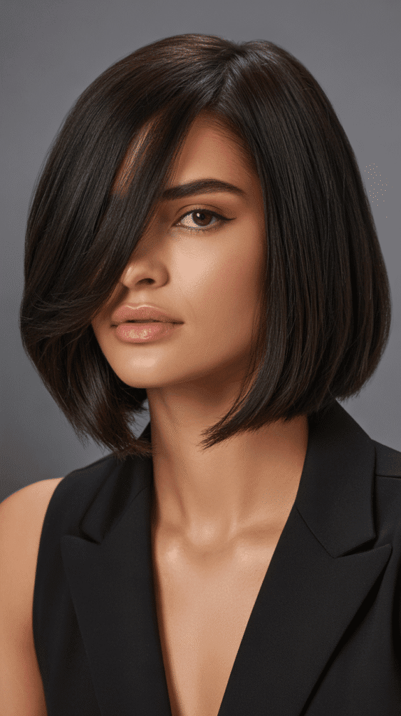 Sleek Long Bob with Side-Swept Curtain Bangs