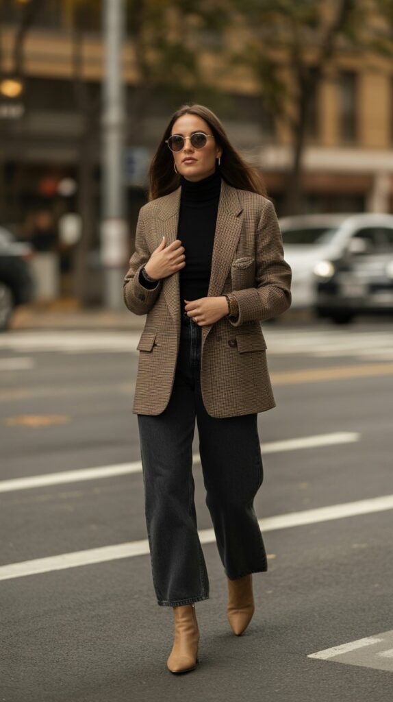 30 Best Casual Fall Outfits for Women 2025 4 Plaid Blazer with Dark Denim and Boots