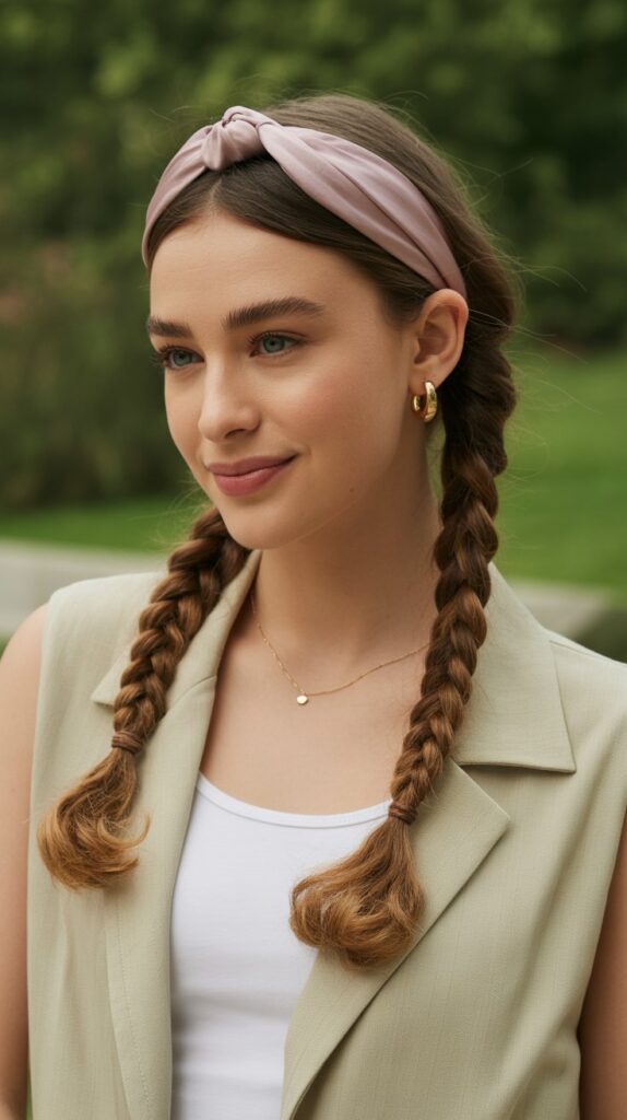 27 Greasy Hair Hairstyles with a Headband 11 Braided Pigtails with Ribbon Headband