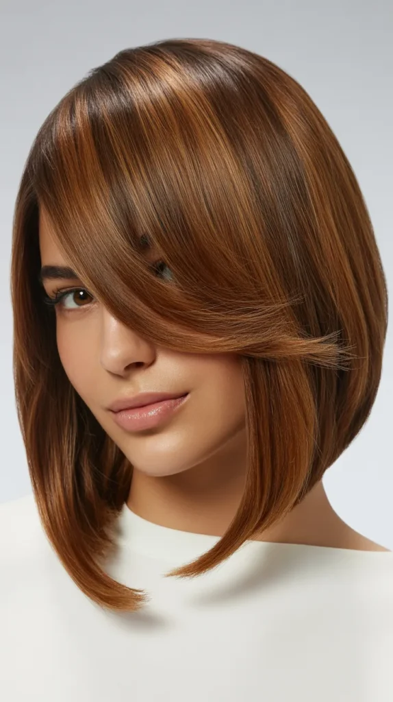 Long Bob with Asymmetric Bangs and Choppy Layers