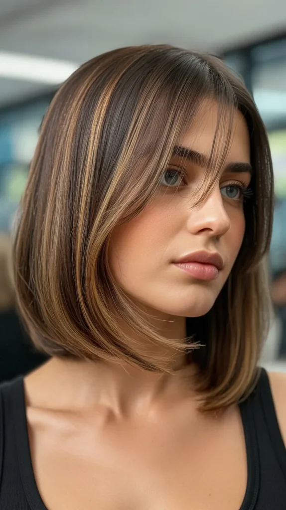 Long Bob with Asymmetrical Bangs and Face-Framing Highlights