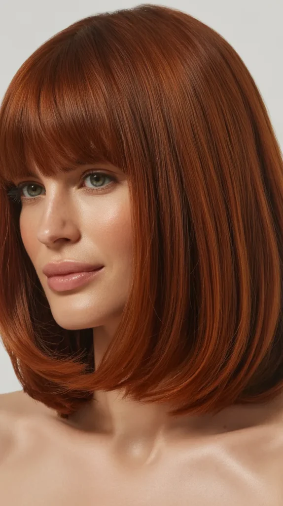  Long Bob with Curtain Bangs and Auburn Color