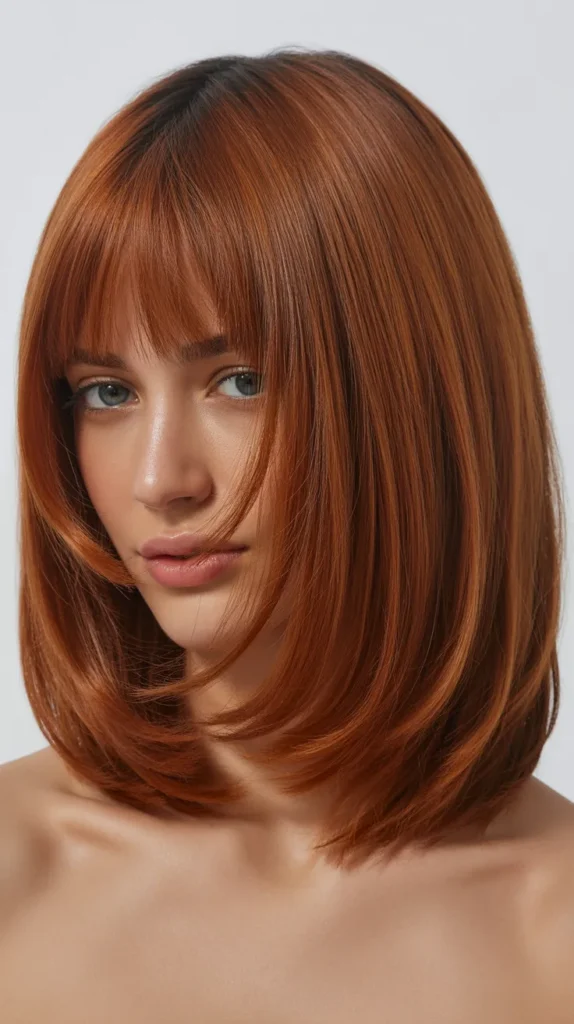 Copper Long Bob with Curtain Bangs