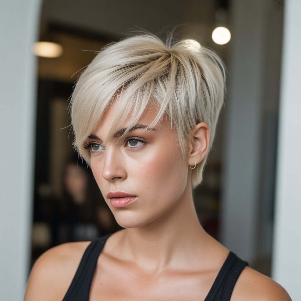 27+ Expert-Approved Hairstyles for Thin Hair and Round Faces 30 Razored Pixie with Long Fringe