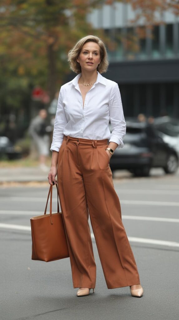 33 Classy Casual Fall Outfits for Women Over 50 20 Button-Down Shirt with Statement Pants