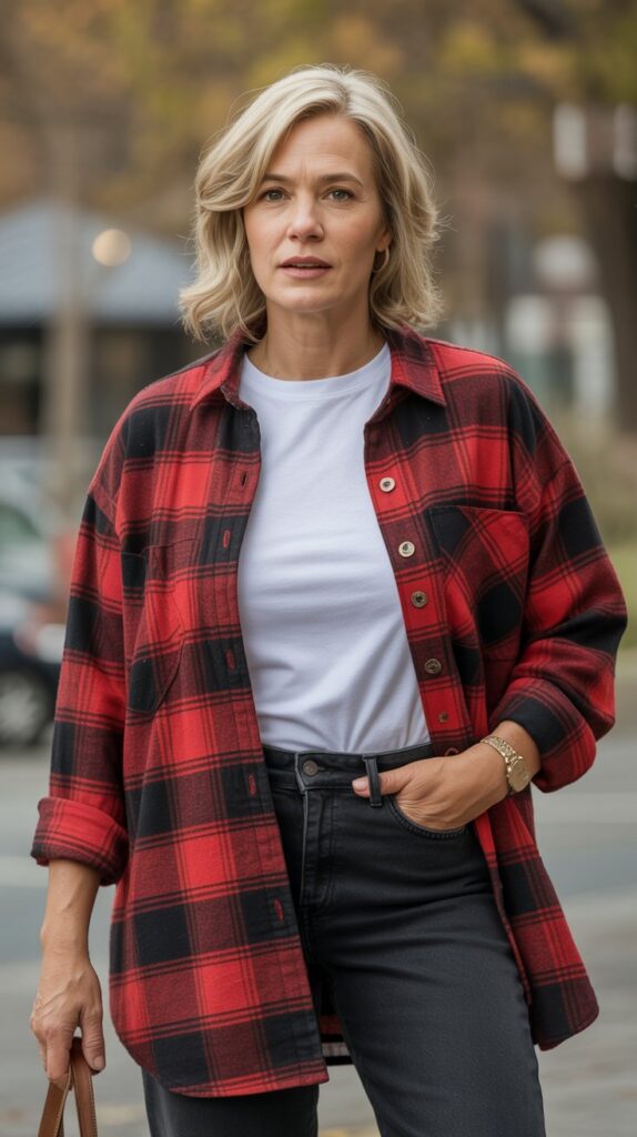 33 Classy Casual Fall Outfits for Women Over 50 10 Plaid Shirt Styled as a Jacket