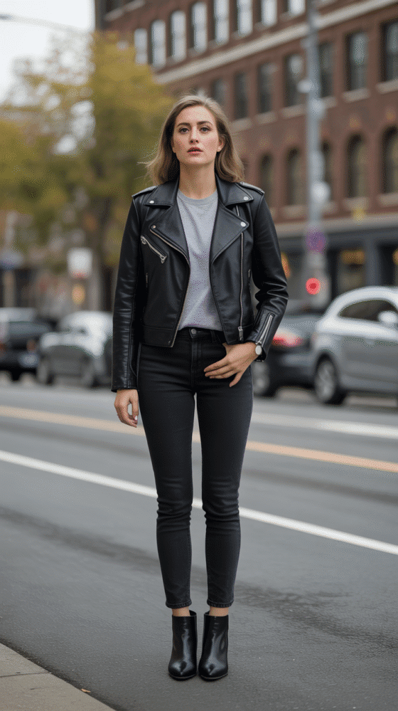 30 Chic Casual Fall Outfits for Women with Jeans 6 Leather Jacket with Black Jeans