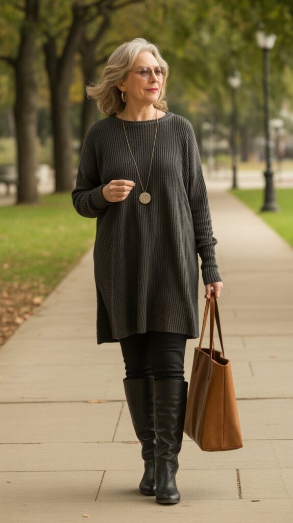 33 Classy Casual Fall Outfits for Women Over 50 11 Knit Tunic with Leggings