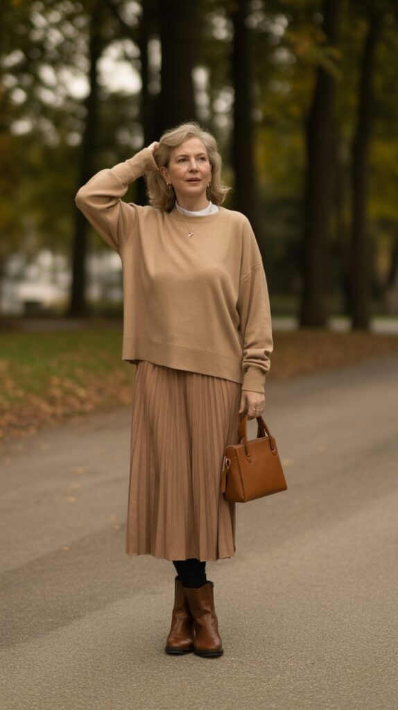 33 Classy Casual Fall Outfits for Women Over 50 16 Tonal Sweater and Skirt Coordination