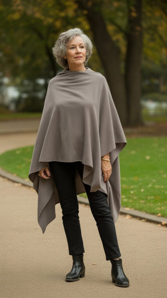 33 Classy Casual Fall Outfits for Women Over 50 21 Cashmere Poncho Over Slim Bottoms