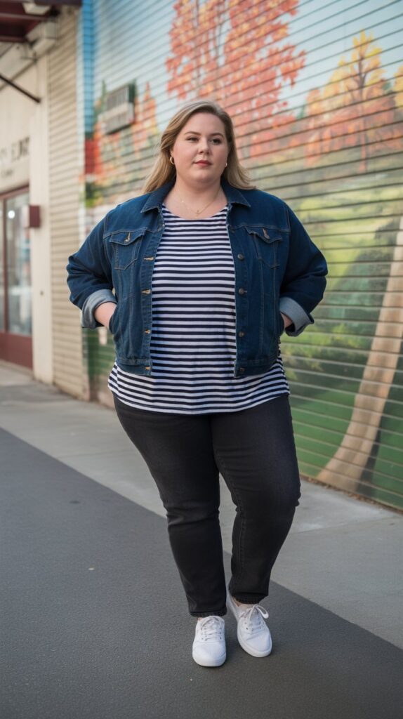 27 Flattering Casual Fall Outfits for Plus-Size Women 26 Striped Top with Dark Denim Jacket