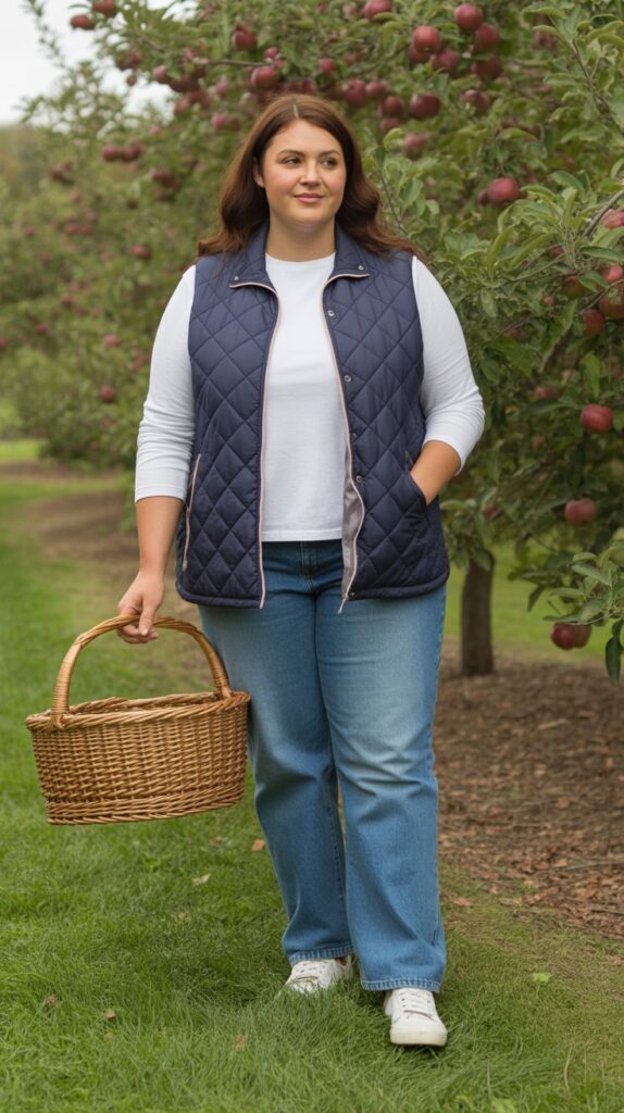 27 Flattering Casual Fall Outfits for Plus-Size Women 22 Quilted Vest with Long-Sleeve Top
