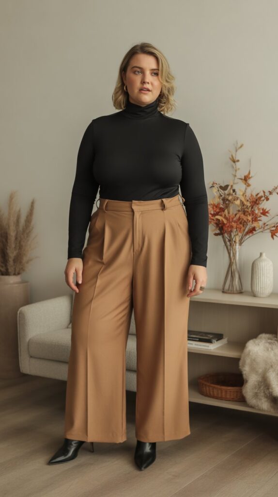 27 Flattering Casual Fall Outfits for Plus-Size Women 20 Turtleneck Bodysuit with High-Waisted Pants