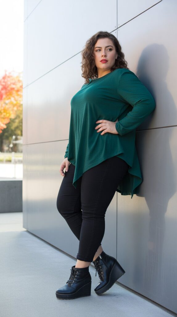 27 Flattering Casual Fall Outfits for Plus-Size Women 18 Asymmetrical Hem Top with Skinny Pants