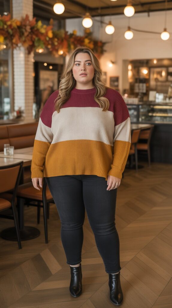 27 Flattering Casual Fall Outfits for Plus-Size Women 16 Color-Block Sweater with Black Bottoms