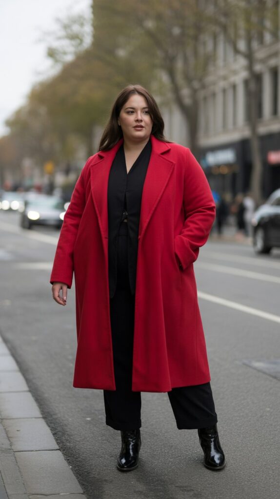 27 Flattering Casual Fall Outfits for Plus-Size Women 24 Statement Coat with All-Black Outfit