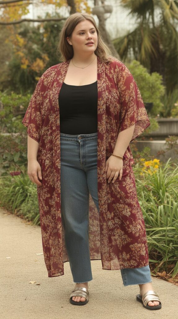 27 Flattering Casual Fall Outfits for Plus-Size Women 21 Printed Kimono with Neutral Outfit