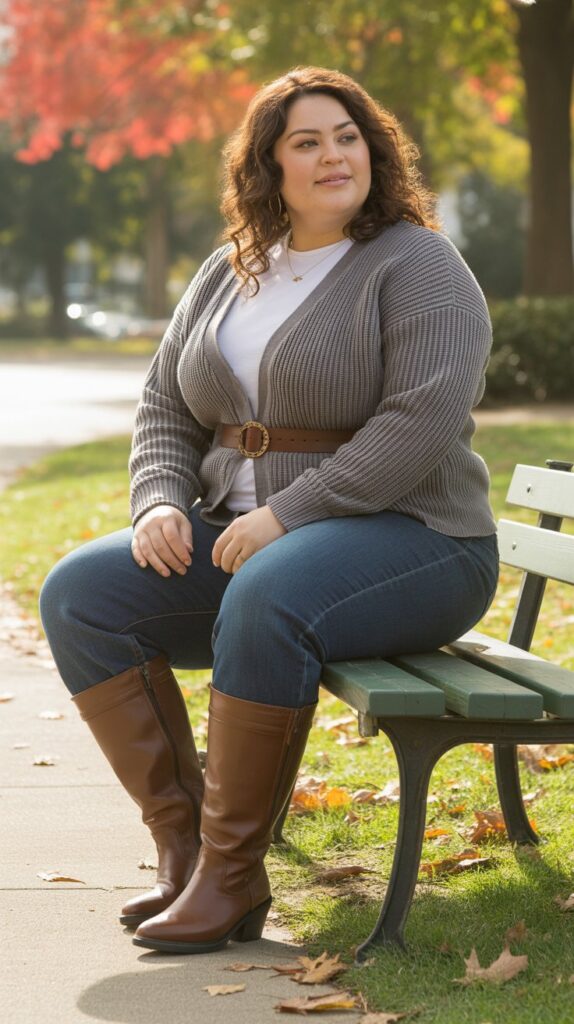 27 Flattering Casual Fall Outfits for Plus-Size Women 25 Belted Cardigan with Jeans and Boots