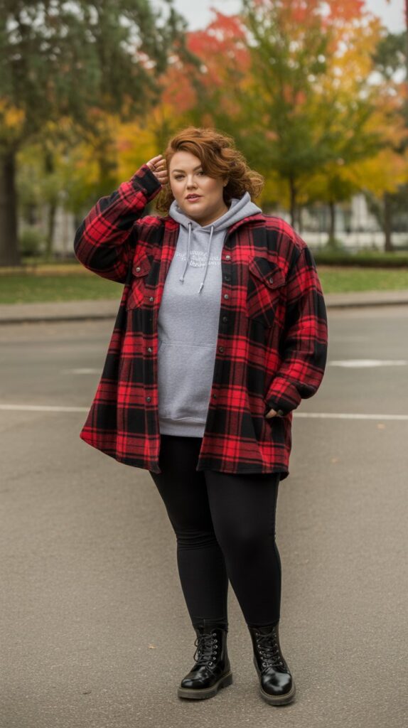 27 Flattering Casual Fall Outfits for Plus-Size Women 17 Flannel Shirt Jacket with Hoodie