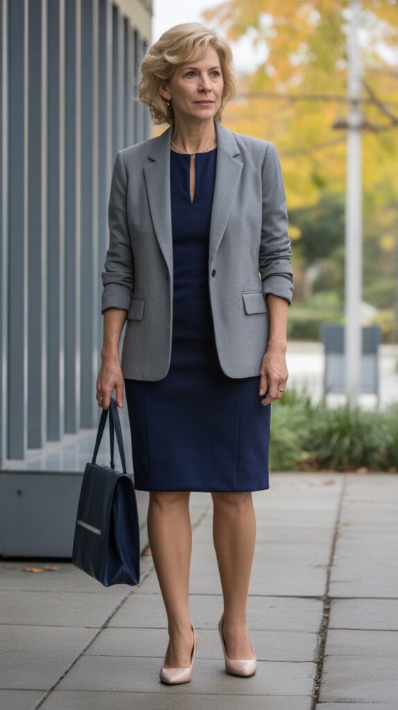 33 Classy Casual Fall Outfits for Women Over 50 26 Blazer and Dress Pairing