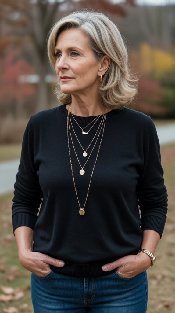 33 Classy Casual Fall Outfits for Women Over 50 32 Layered Necklaces with Simple Outfits