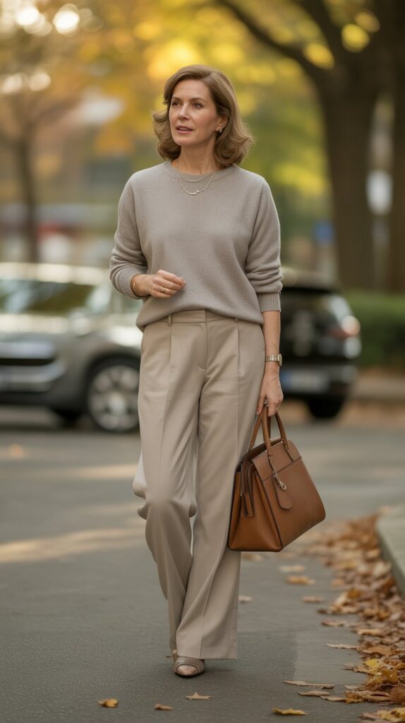 33 Classy Casual Fall Outfits for Women Over 50 2 Cozy Cashmere Sweater with Tailored Trousers