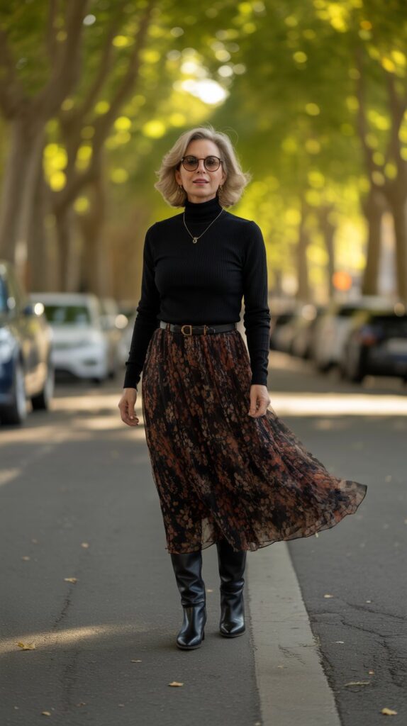 33 Classy Casual Fall Outfits for Women Over 50 3 Turtleneck and Midi Skirt Ensemble