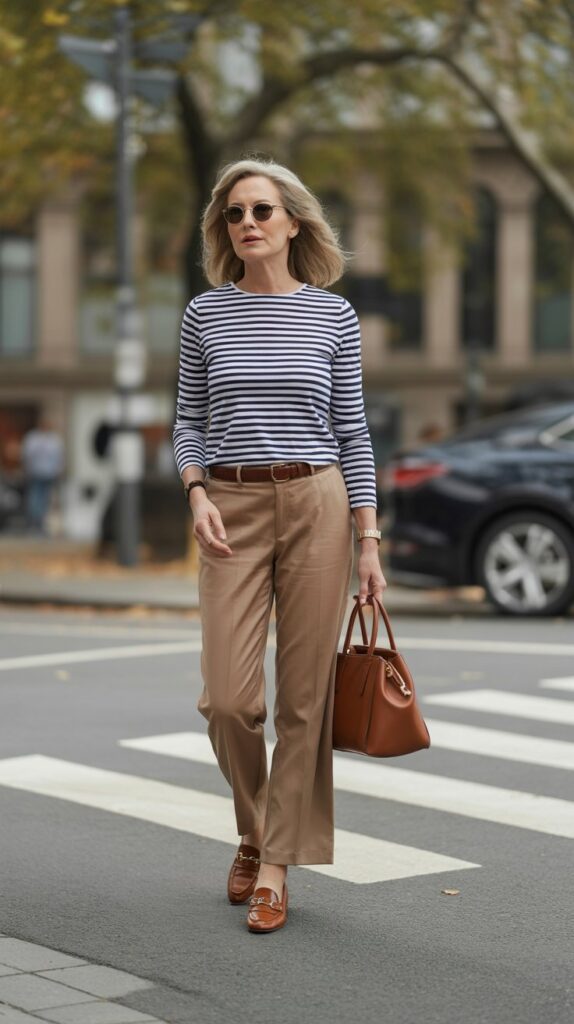 33 Classy Casual Fall Outfits for Women Over 50 24 Striped Top as a Neutral Base