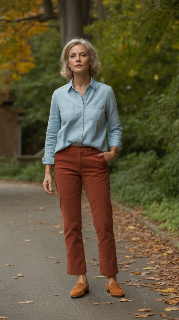 33 Classy Casual Fall Outfits for Women Over 50 8 Chambray Shirt with Corduroy Pants