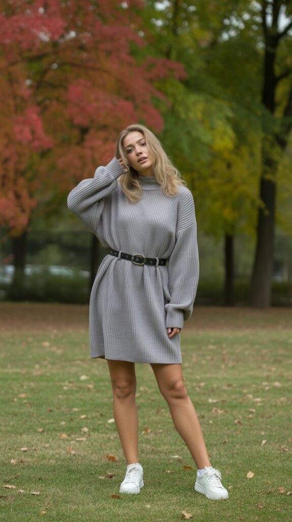 28 Sporty and Stylish Casual Fall Outfits for Women with Sneakers 6 Cozy Sweater Dress with Sneakers