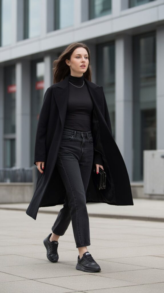 28 Sporty and Stylish Casual Fall Outfits for Women with Sneakers 4 Monochrome Magic in All-Black Everything