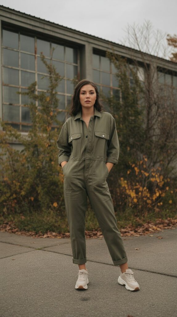 28 Sporty and Stylish Casual Fall Outfits for Women with Sneakers 8 Utility Jumpsuit with Athletic Footwear