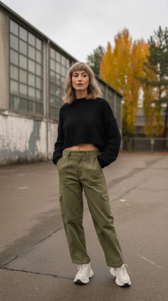 28 Sporty and Stylish Casual Fall Outfits for Women with Sneakers 15 Cargo Pants with Cropped Tops