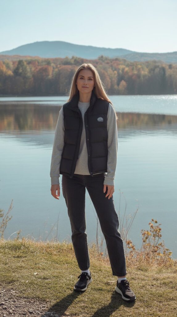 28 Sporty and Stylish Casual Fall Outfits for Women with Sneakers 14 Puffer Vest Over Fitted Basics