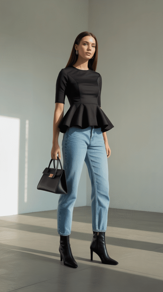 30 Chic Casual Fall Outfits for Women with Jeans 28 Peplum Top and High-Waisted Jeans