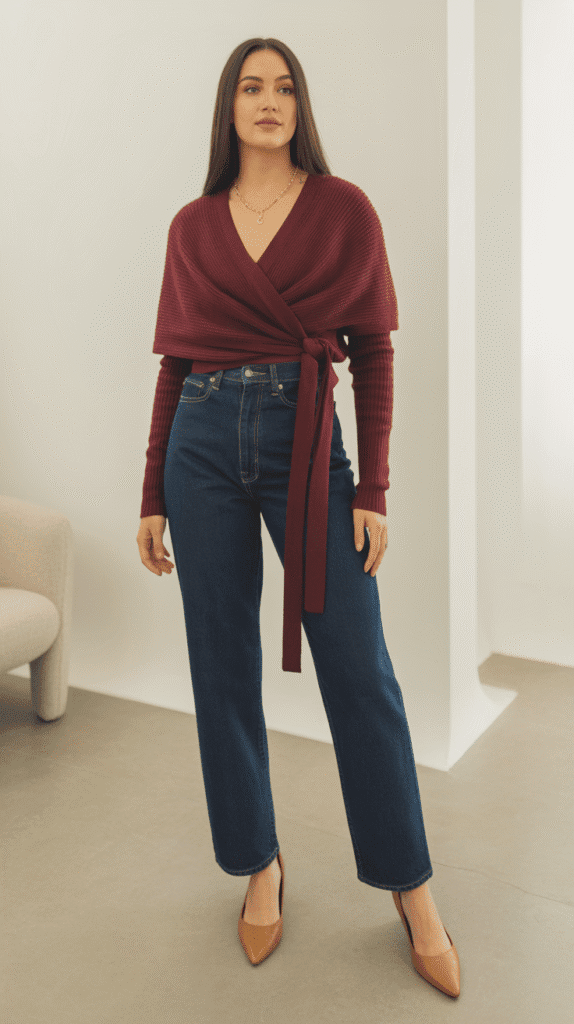 30 Chic Casual Fall Outfits for Women with Jeans 19 Wrap Sweater and High-Waisted Jeans