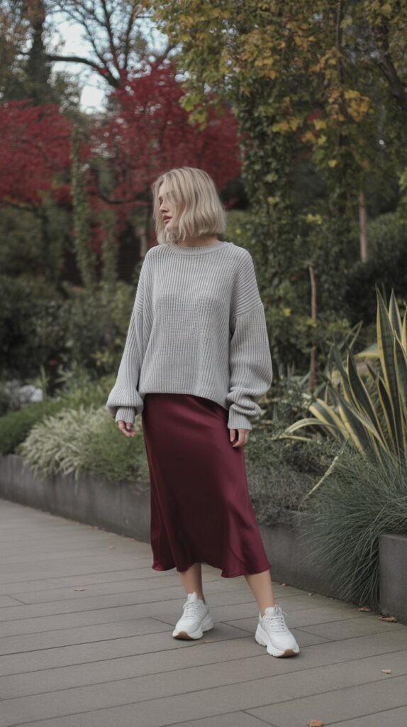 28 Sporty and Stylish Casual Fall Outfits for Women with Sneakers 22 Slip Skirt with Sneakers Surprise