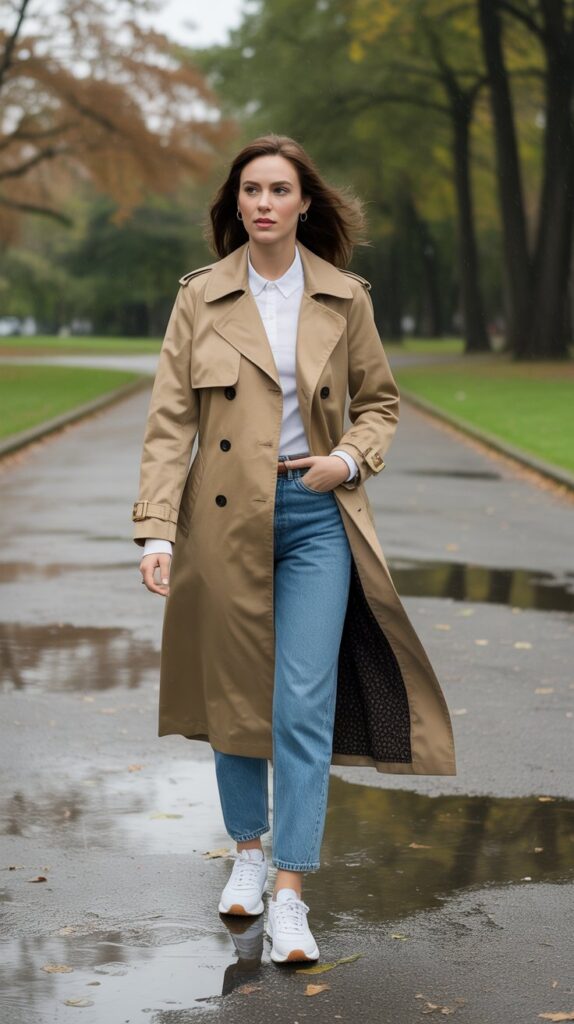 28 Sporty and Stylish Casual Fall Outfits for Women with Sneakers 20 Belted Trench Coat Over Everything