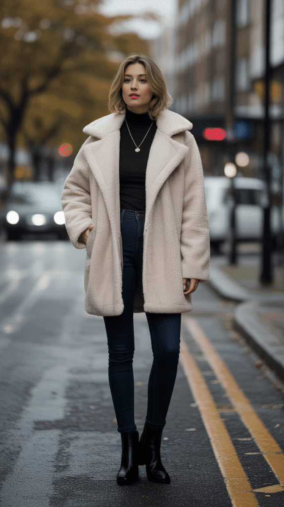 30 Chic Casual Fall Outfits for Women with Jeans 17 Teddy Coat and Skinny Jeans