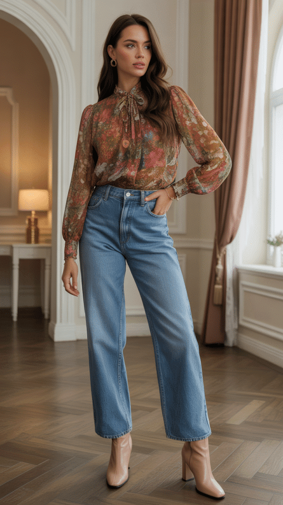 30 Chic Casual Fall Outfits for Women with Jeans 16 Printed Blouse and Straight Jeans