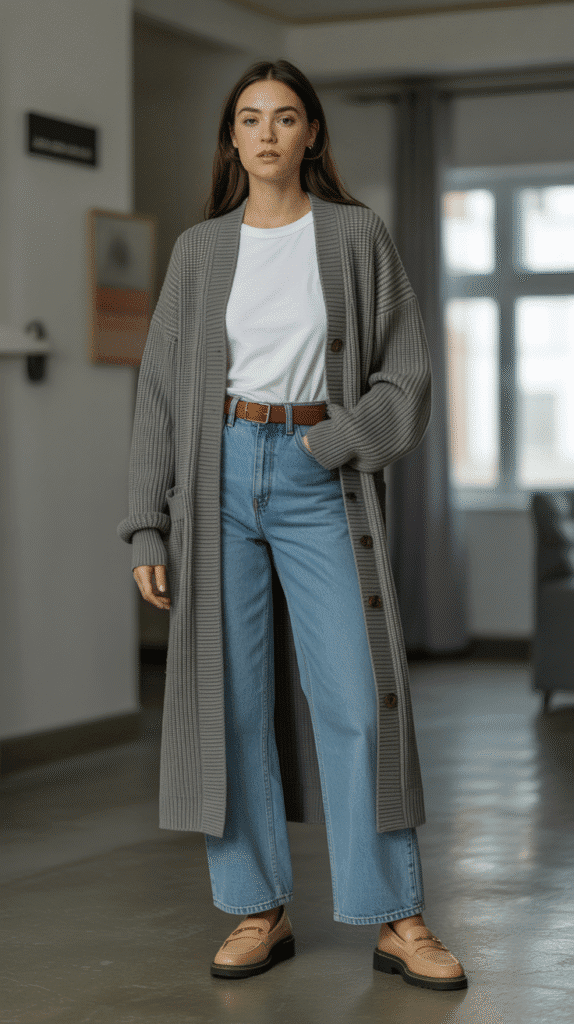 30 Chic Casual Fall Outfits for Women with Jeans 25 Belted Cardigan and Wide-Leg Jeans