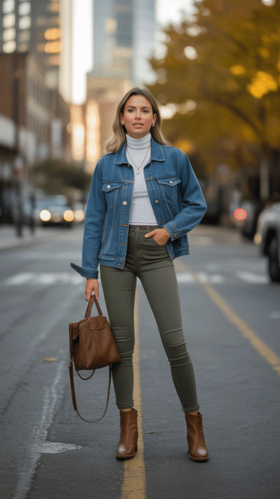 30 Chic Casual Fall Outfits for Women with Jeans 20 Jean Jacket and Colored Jeans