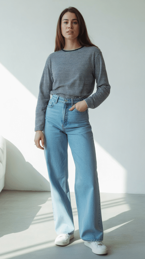 30 Chic Casual Fall Outfits for Women with Jeans 8 Striped Top and Wide-Leg Jeans